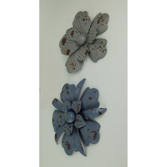 Blue and Grey Metal Art Flower Wall Sculptures Set of 2